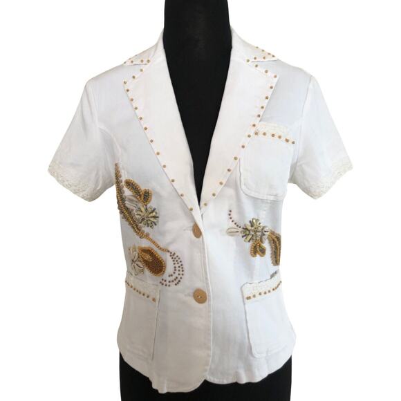 Cache White Denim Top Jacket Beads Sea Shells Embellished $138 NWT Front Button - Picture 1 of 7